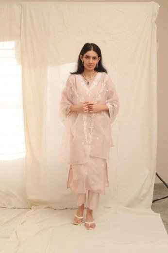 Blush Organza Embroidered V-Neck Kurta Set