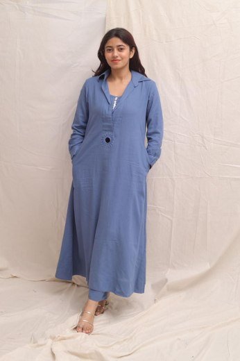 Dusty Blue Mirror Work A-Line Kurta Set