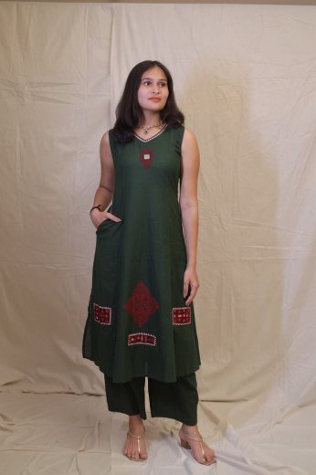 Forest Green Patchwork Mirror Kurta