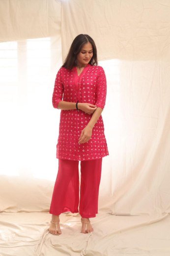 Fuchsia Bandhani Printed Cotton Kurta Set
