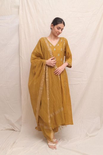 Golden Embroidered Anarkali Cotton Set