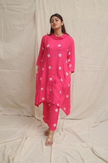 Hot Pink Bandhani Cowl Kurta Set