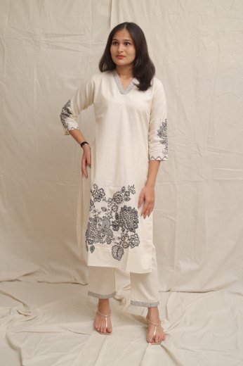 Ivory Floral Embroidered Cotton Set