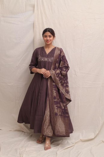 Mauve Embroidered Anarkali Banarasi Kurta Set