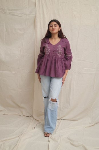 Mauve Floral Embroidered Peplum Top