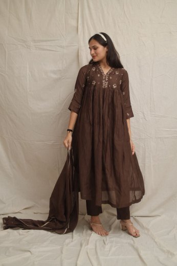Mocha Embroidered Gathered Kurta Set