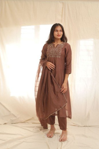 Mocha Embroidered Yoke Cotton Set