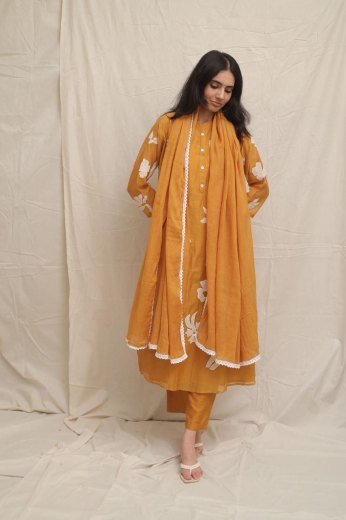 Mustard Floral Applique Cotton Set
