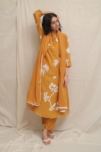 Mustard Floral Applique Mul Chanderi Set