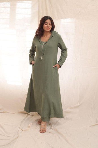 Olive Hooded Embroidered A-Line Kurta Set