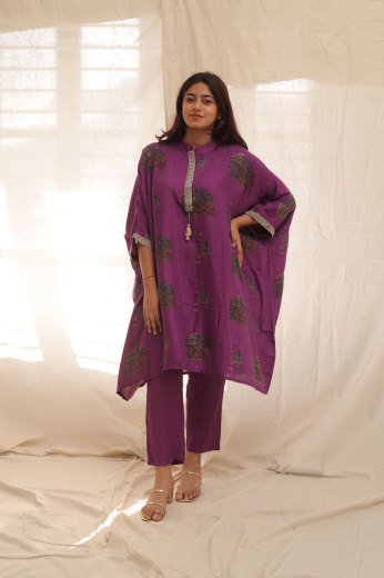 Plum Elephant Print Kaftan Set