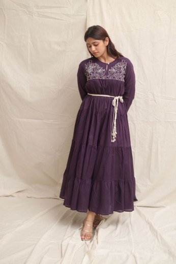 Plum Tiered Embroidered Cotton Dress