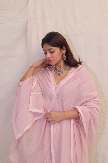 Powder Pink Gathered Cotton Kurta Set