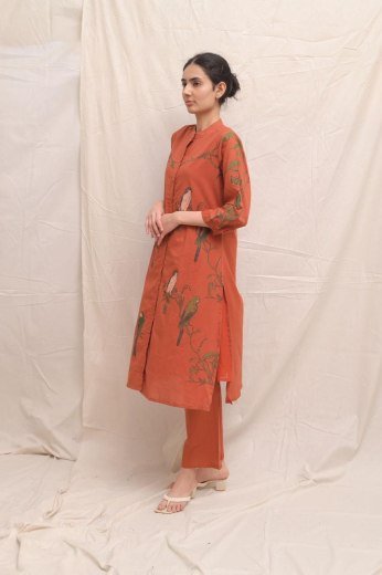 Rust Bird Print Cotton Kurta Set
