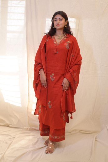 Rust Floral Embroidered Cotton Set