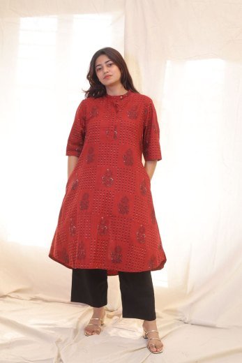 Rust Red Printed Cotton A-Line Kurta Set