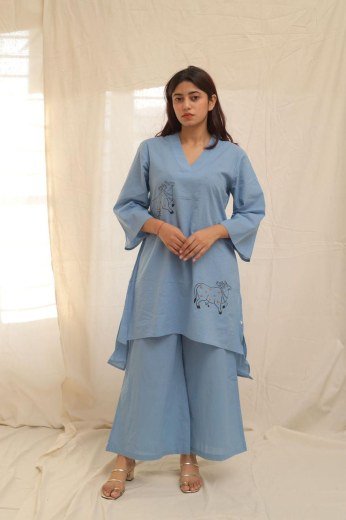 Sky Blue Cow Motif Asymmetric Kurta Set
