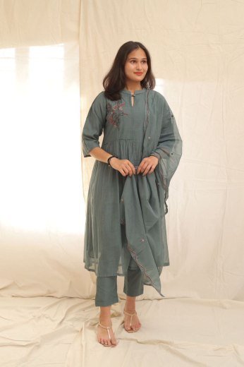 Slate Blue Floral Embroidered Gathered Kurta Set