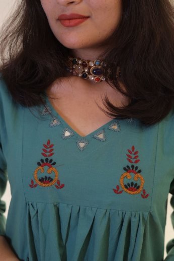 Teal Mirror Embroidered Gathered Kurta